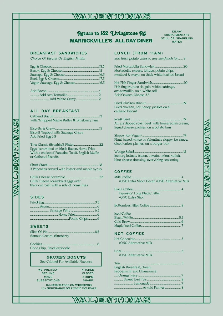 Menu, Valentinas Sydney