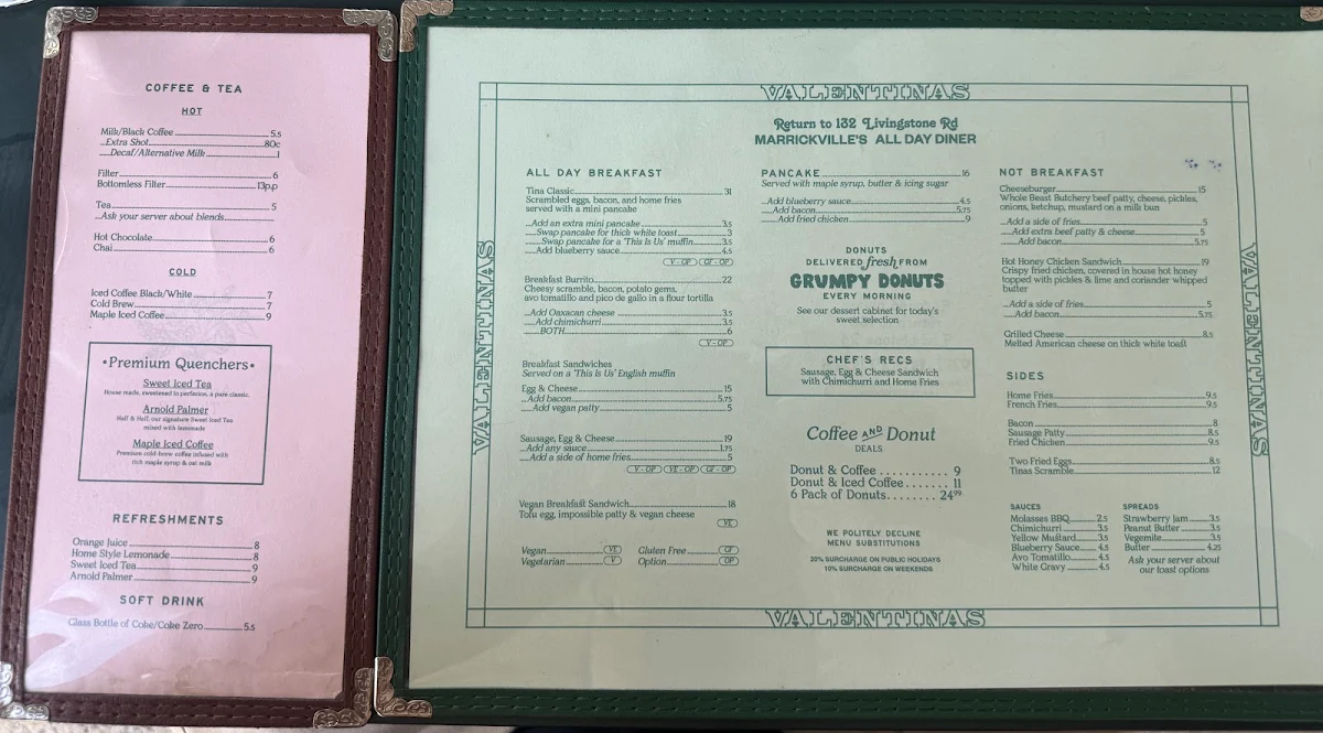 Menu, Valentinas Sydney