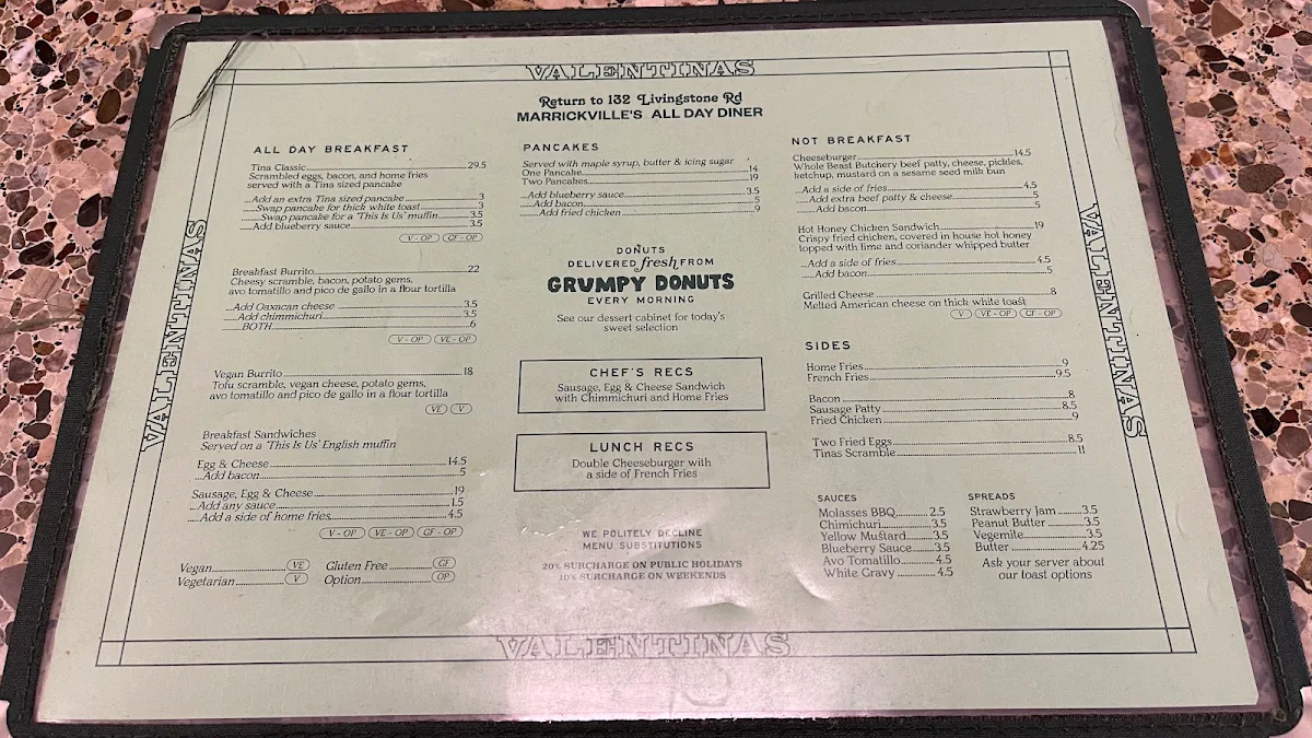 Menu, Valentinas Sydney