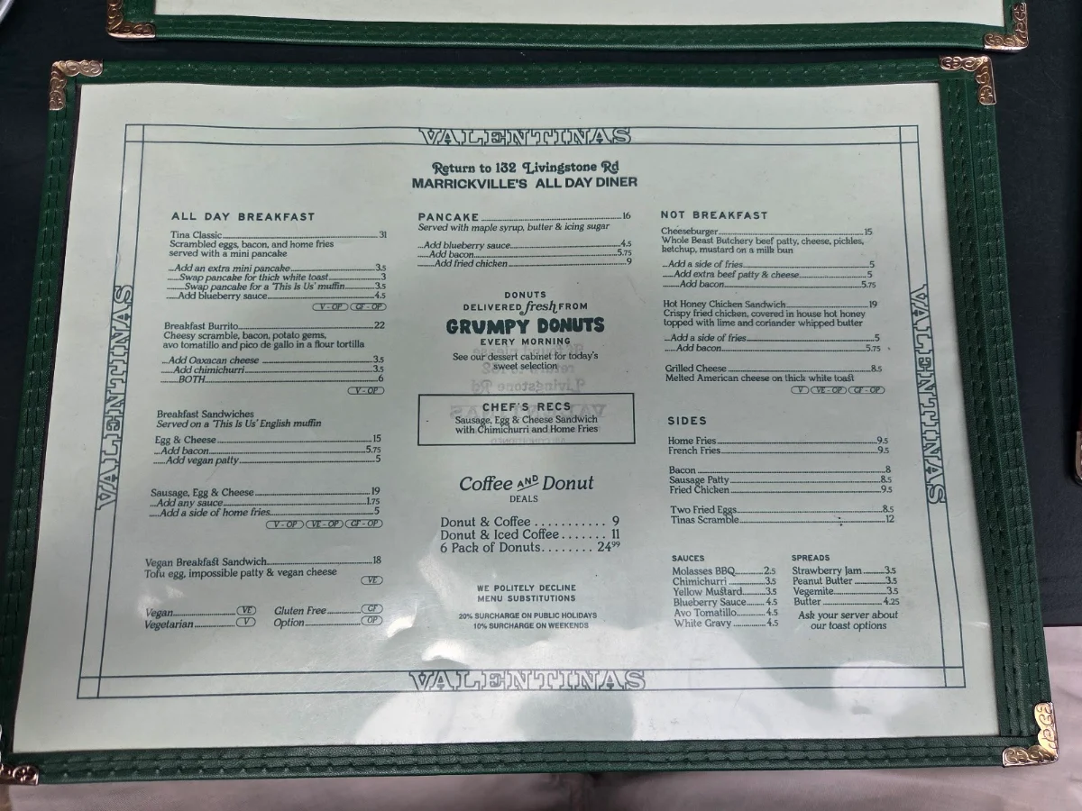 Menu, Valentinas Sydney
