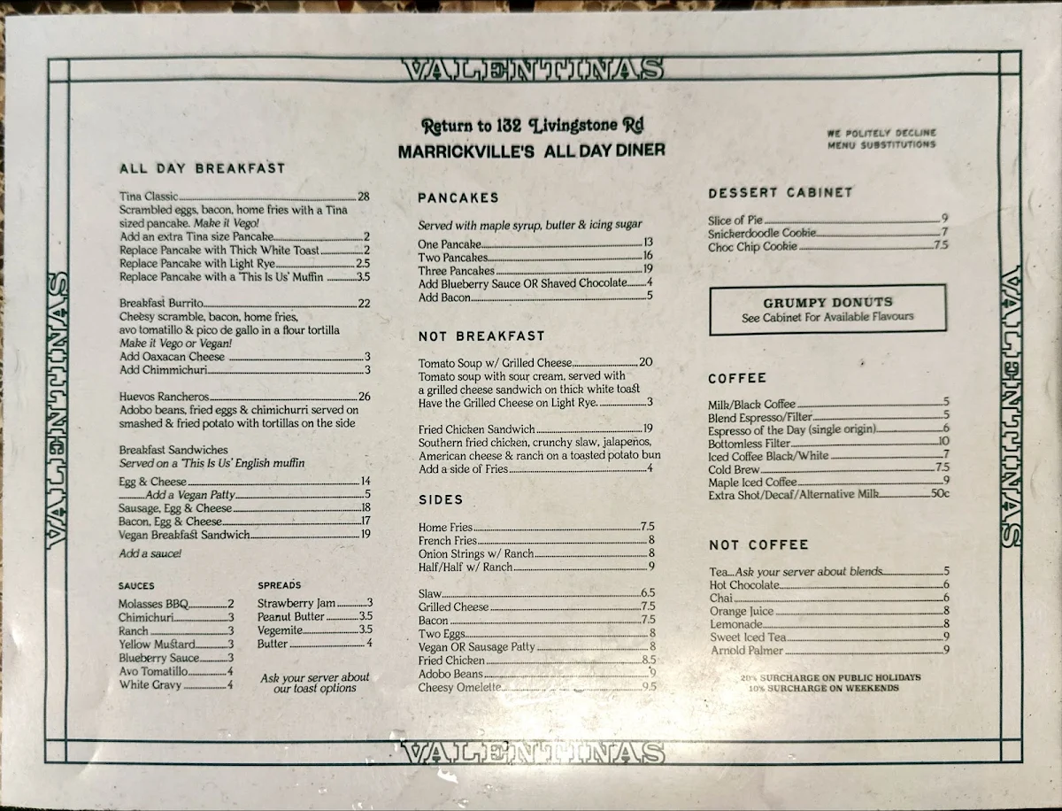 Menu, Valentinas Sydney