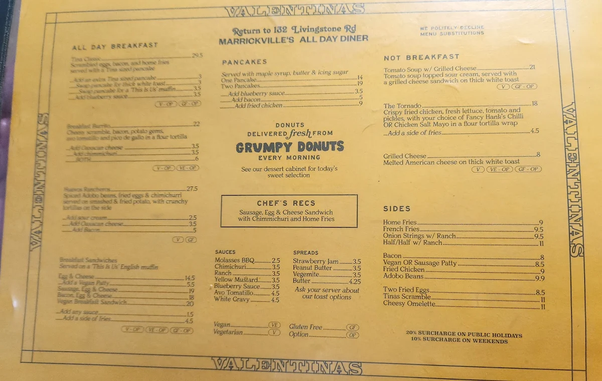 Menu, Valentinas Sydney