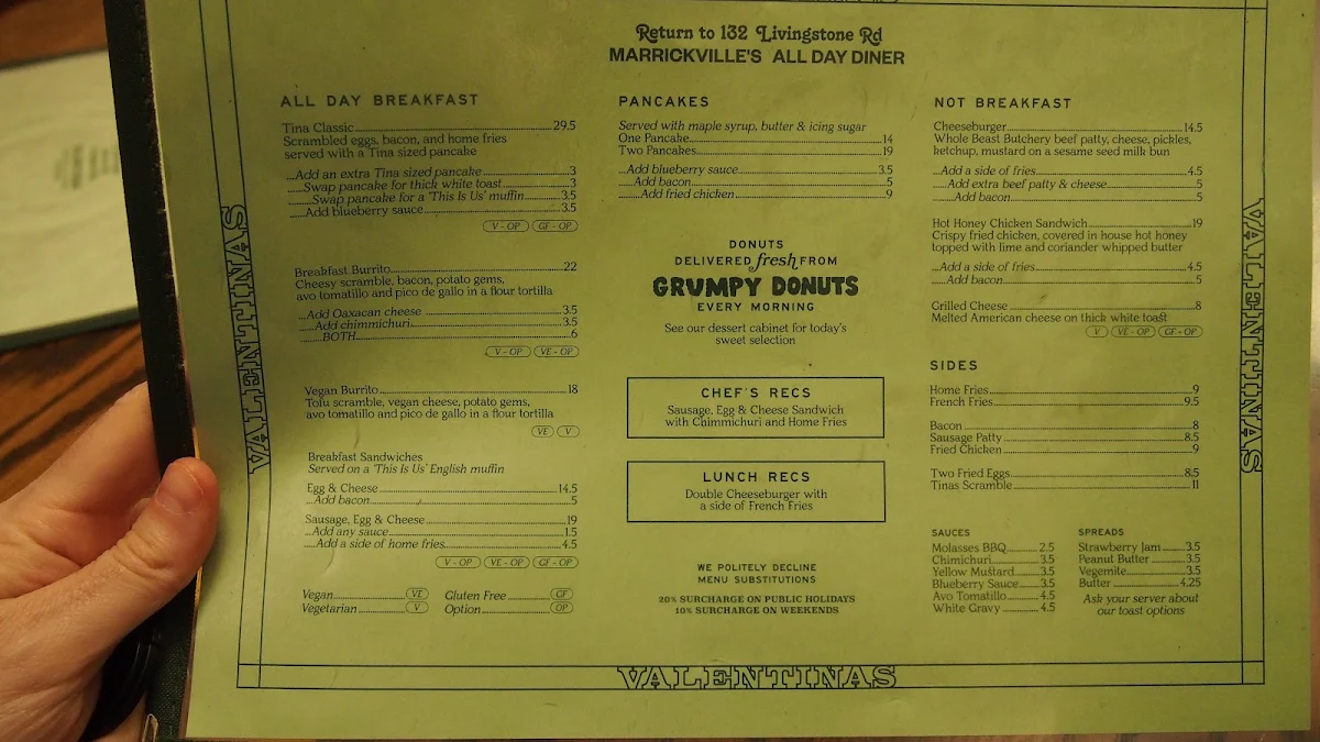 Menu, Valentinas Sydney