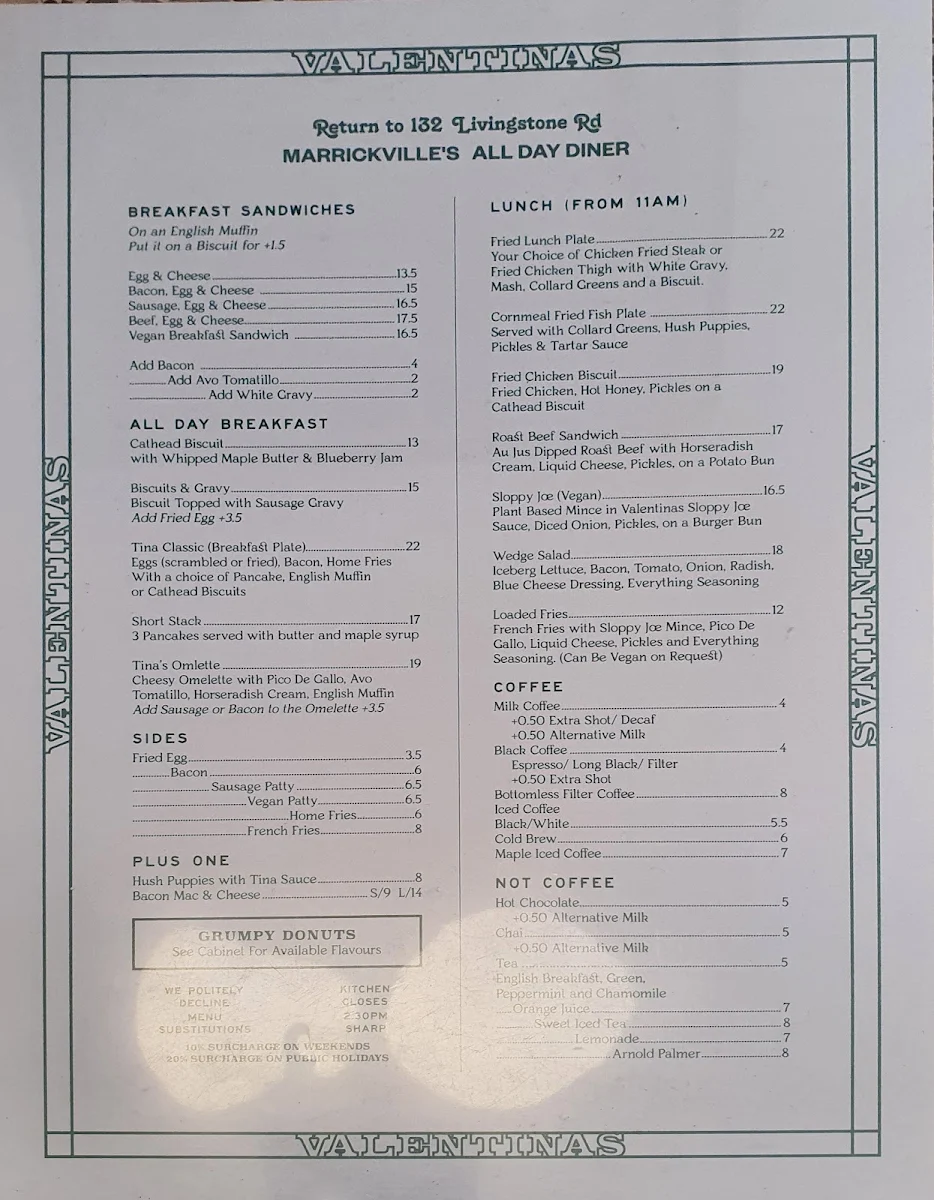 Menu, Valentinas Sydney