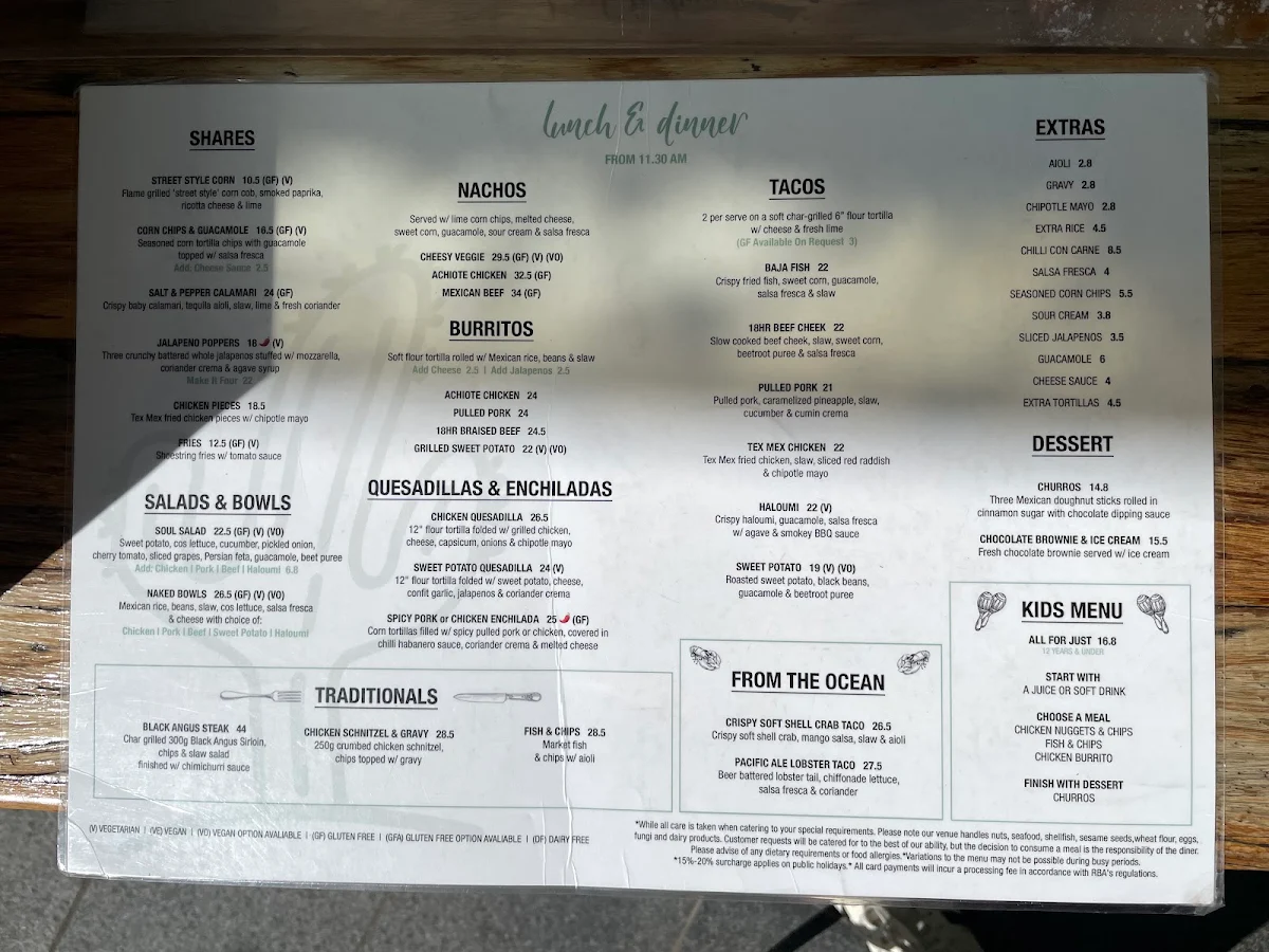 Menu, Alma Surfers Paradise