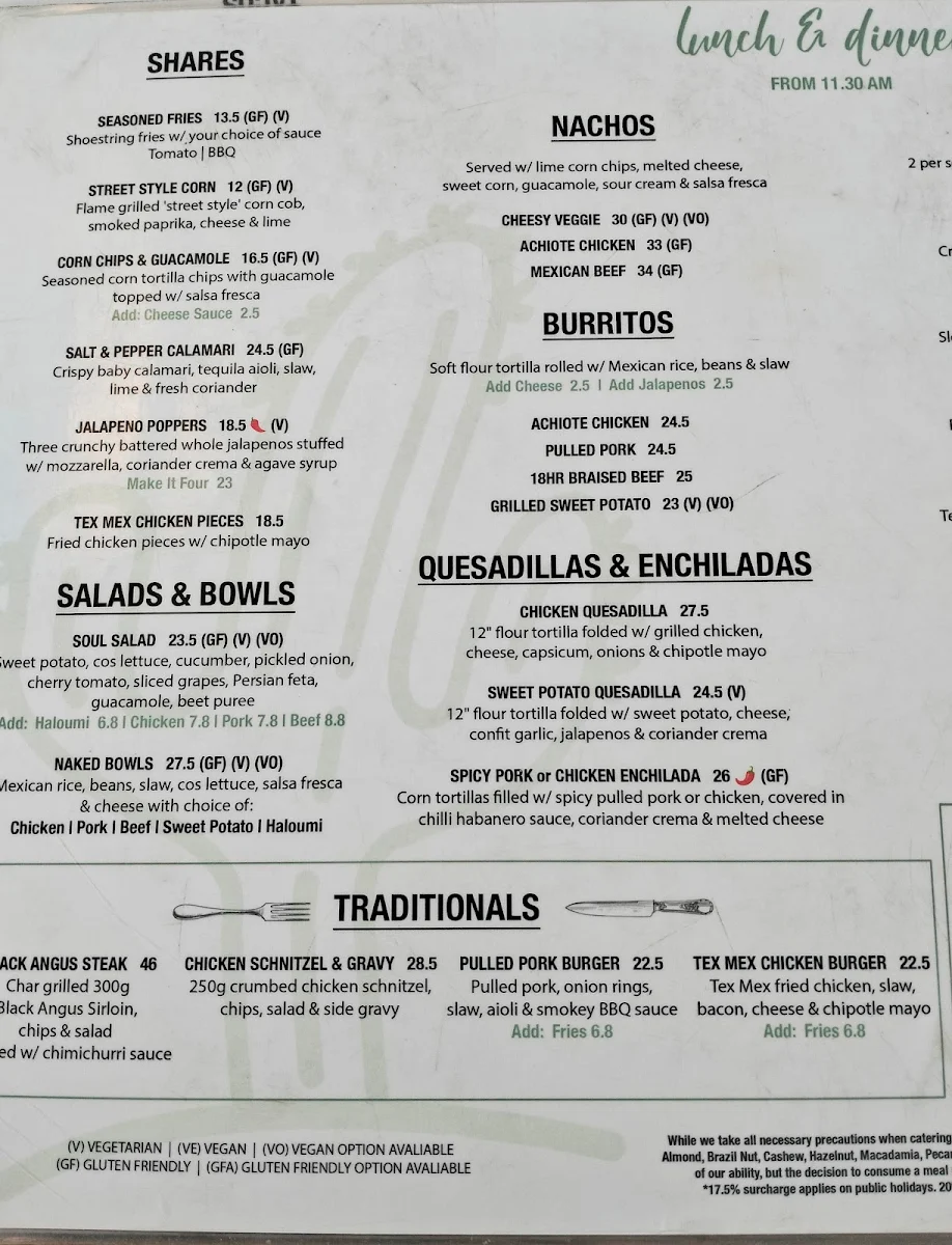 Menu, Alma Surfers Paradise