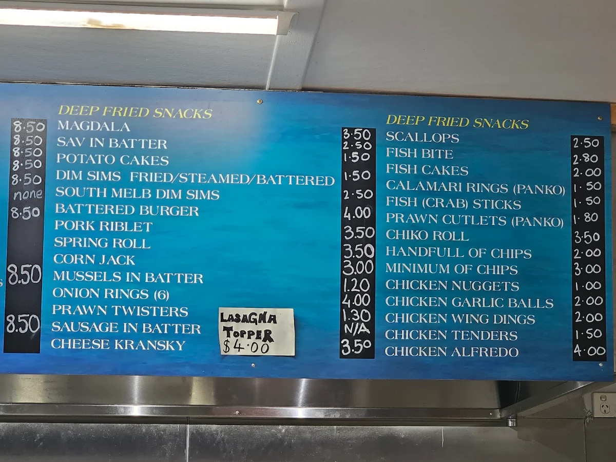 Menu, Trackside fish and chips / cafe