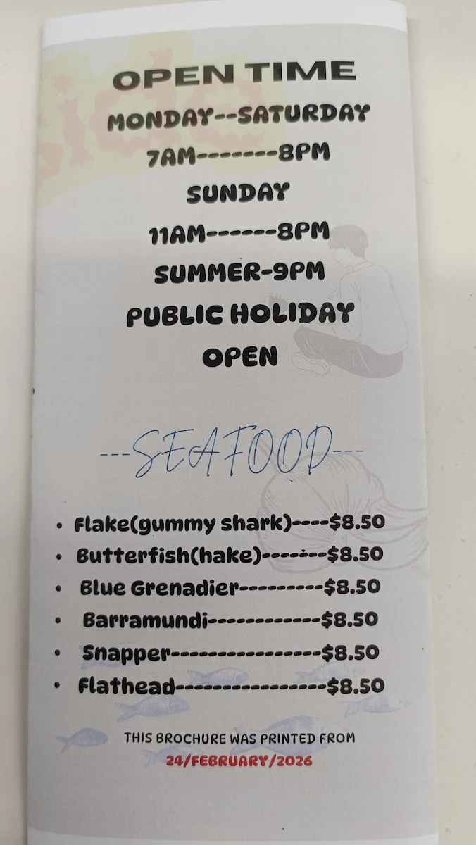 Menu, Trackside fish and chips / cafe