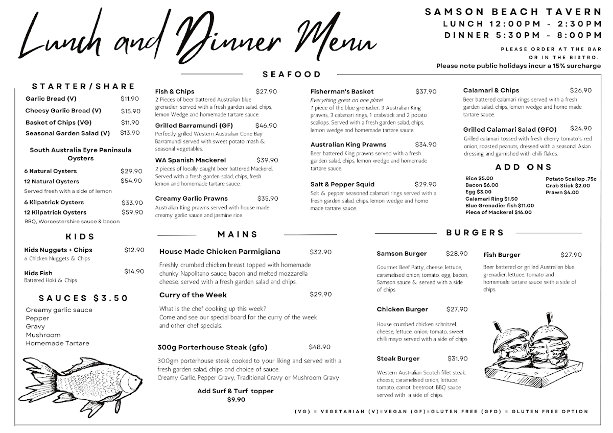 Menu, Samson Beach Tavern