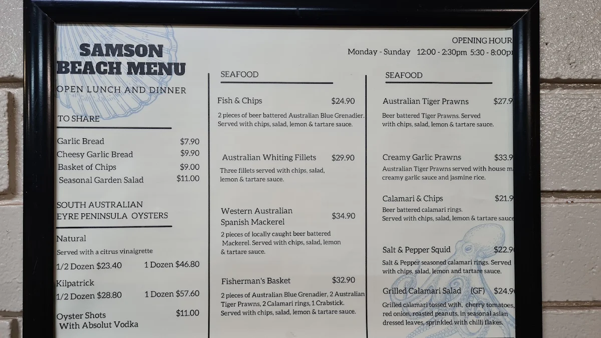 Menu, Samson Beach Tavern
