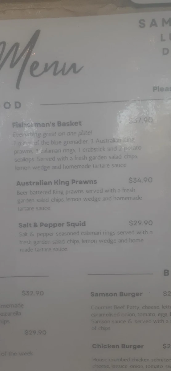 Menu, Samson Beach Tavern