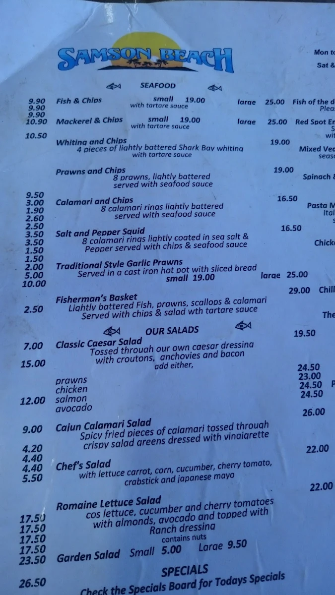 Menu, Samson Beach Tavern