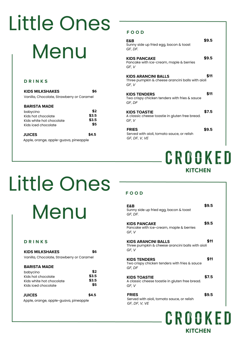 Menu, Crooked Kitchen