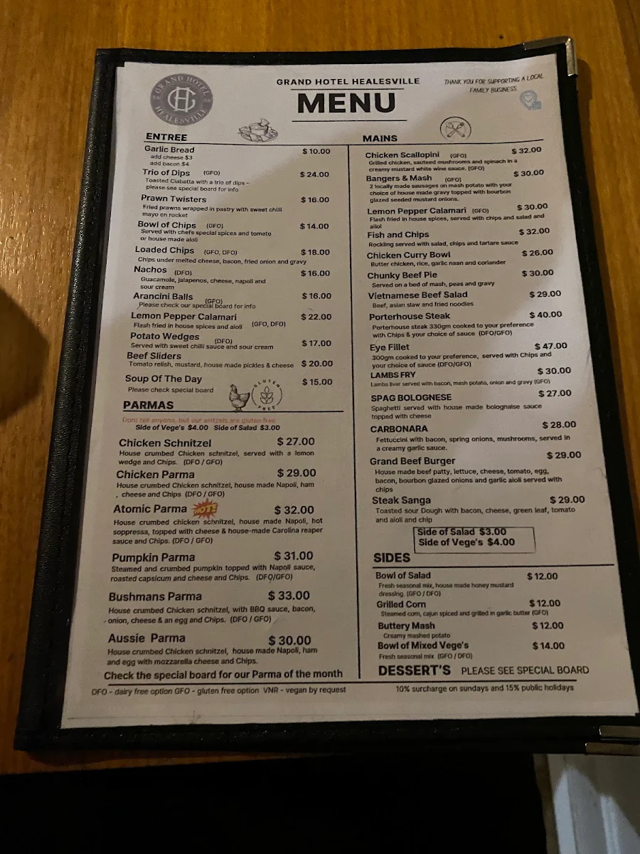 Menu, Grand Hotel Healesville - The Local