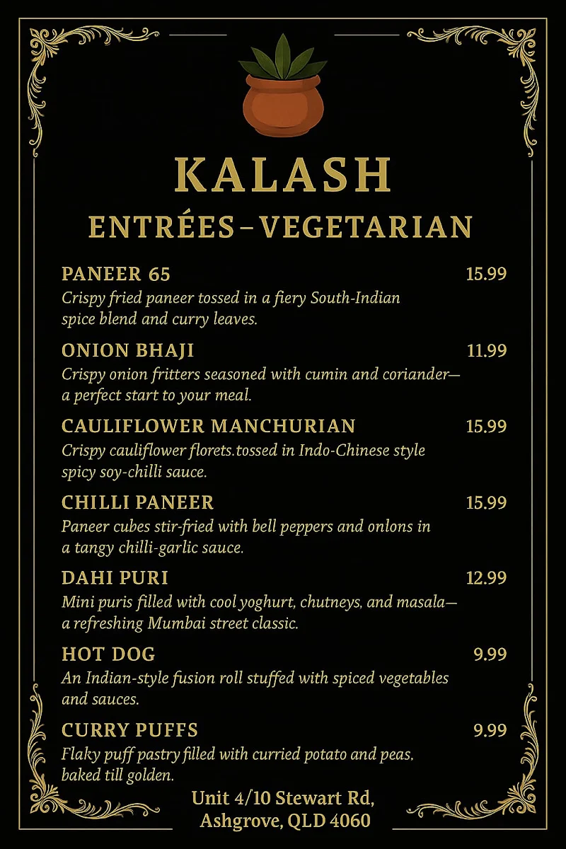 Menu, Kalash Indian restaurant