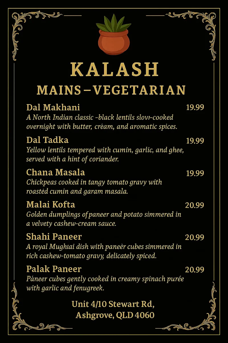 Menu, Kalash Indian restaurant