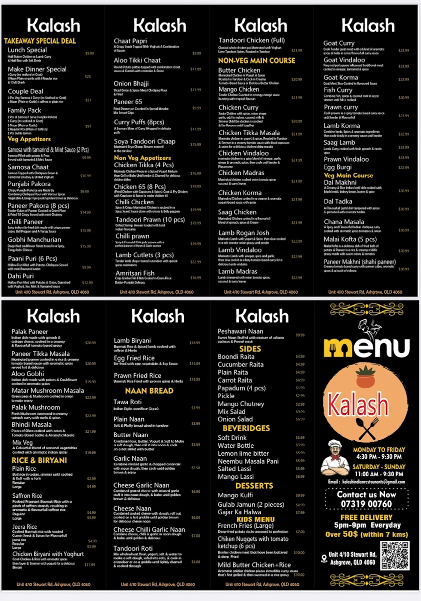 Menu, Kalash Indian restaurant