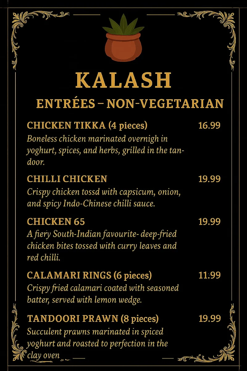 Menu, Kalash Indian restaurant