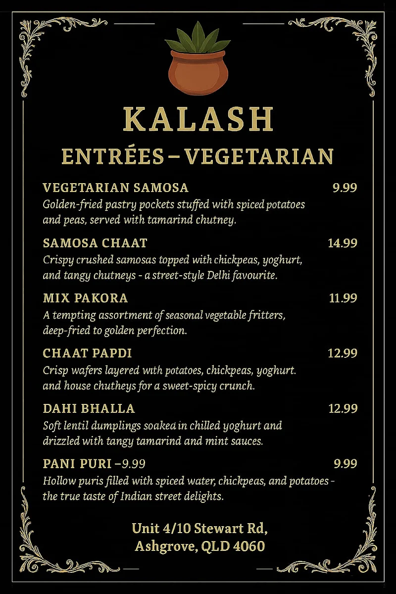 Menu, Kalash Indian restaurant