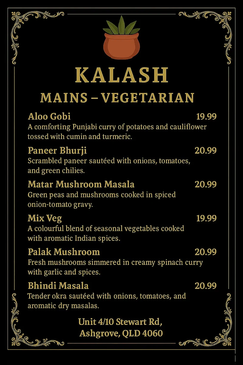 Menu, Kalash Indian restaurant