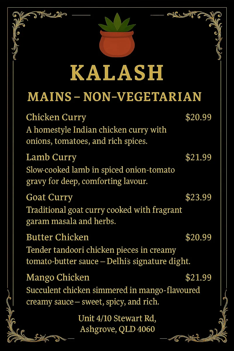 Menu, Kalash Indian restaurant