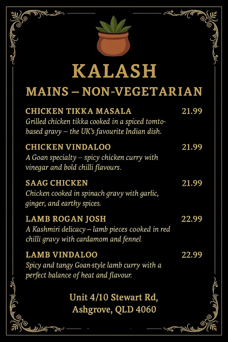 Menu, Kalash Indian restaurant