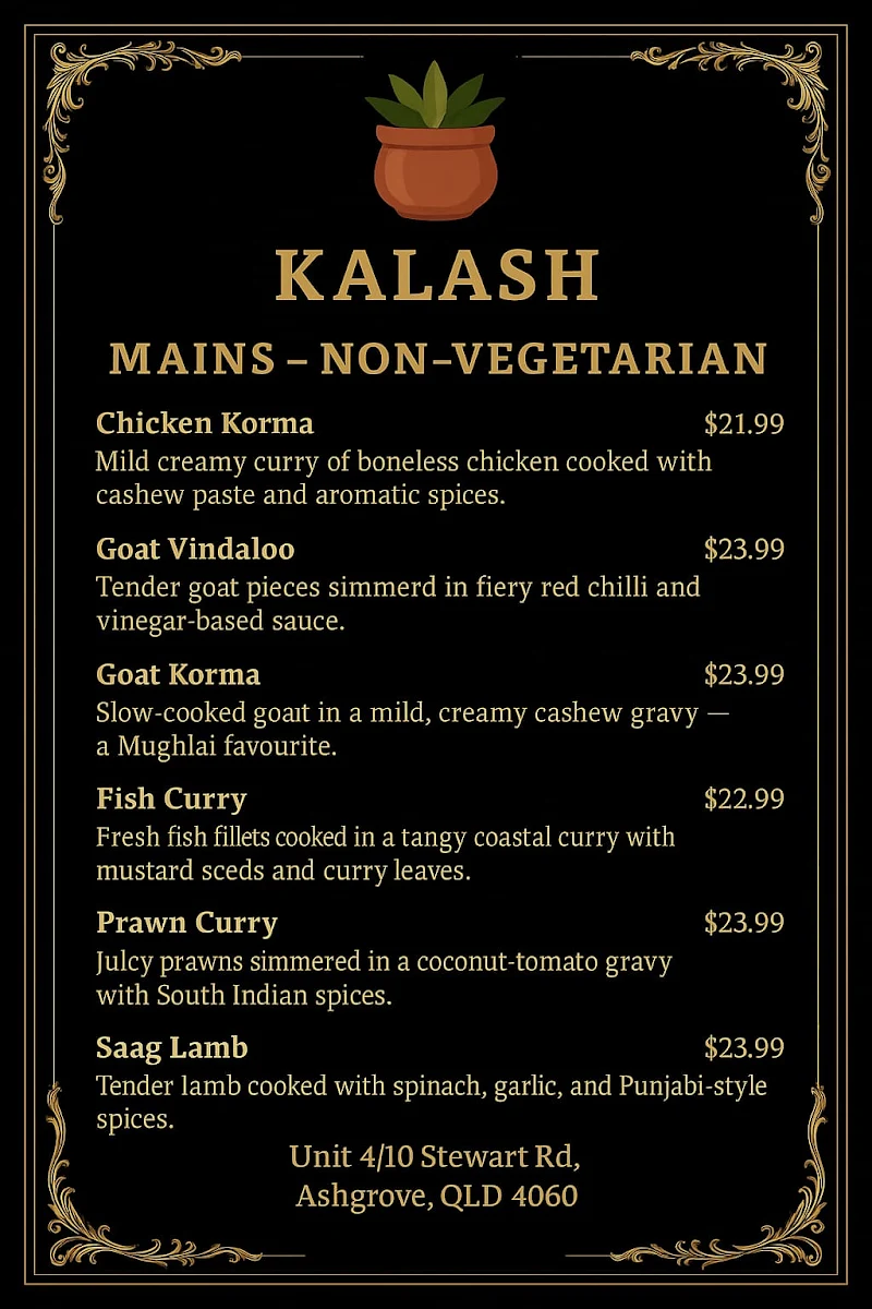 Menu, Kalash Indian restaurant