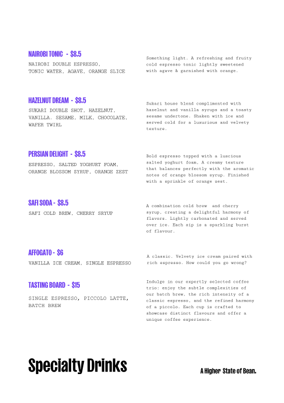 Menu, SAAZAA Coffee