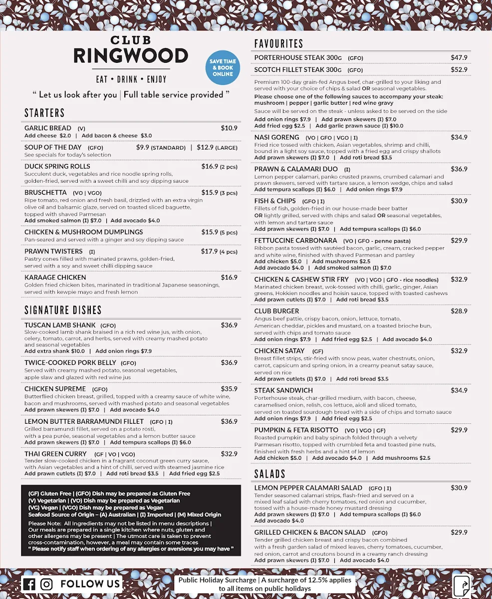 Menu, Club Ringwood