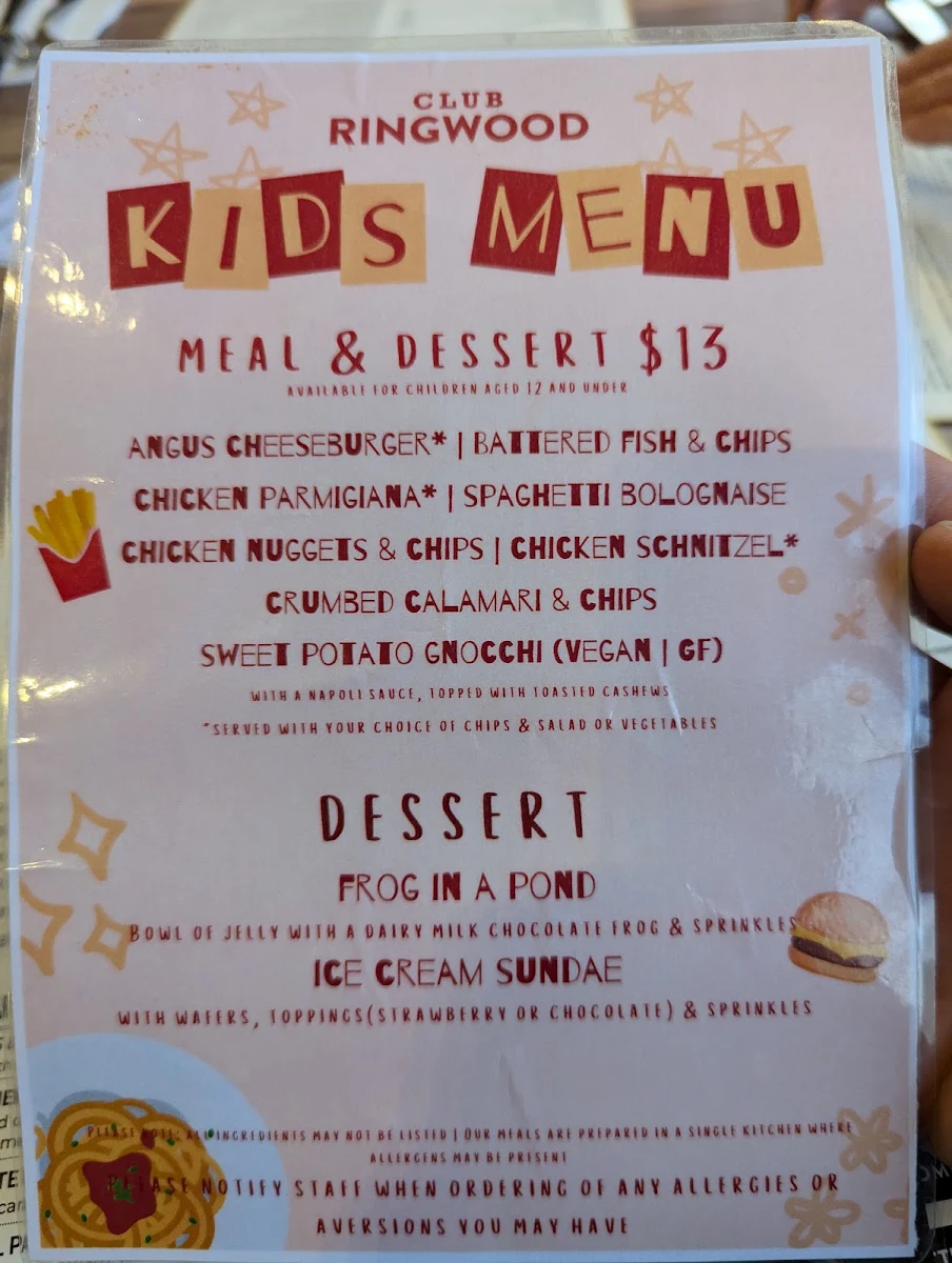 Menu, Club Ringwood