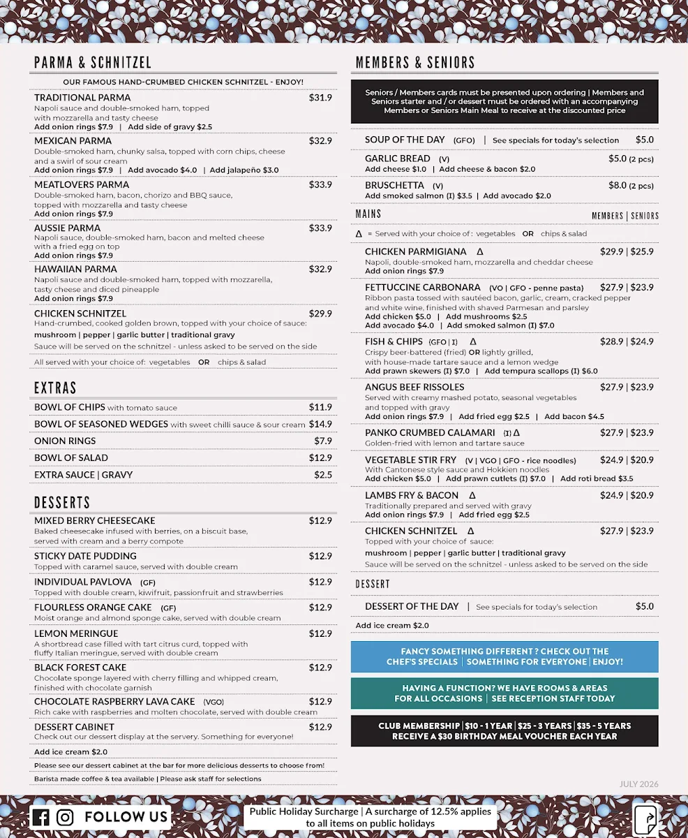 Menu, Club Ringwood