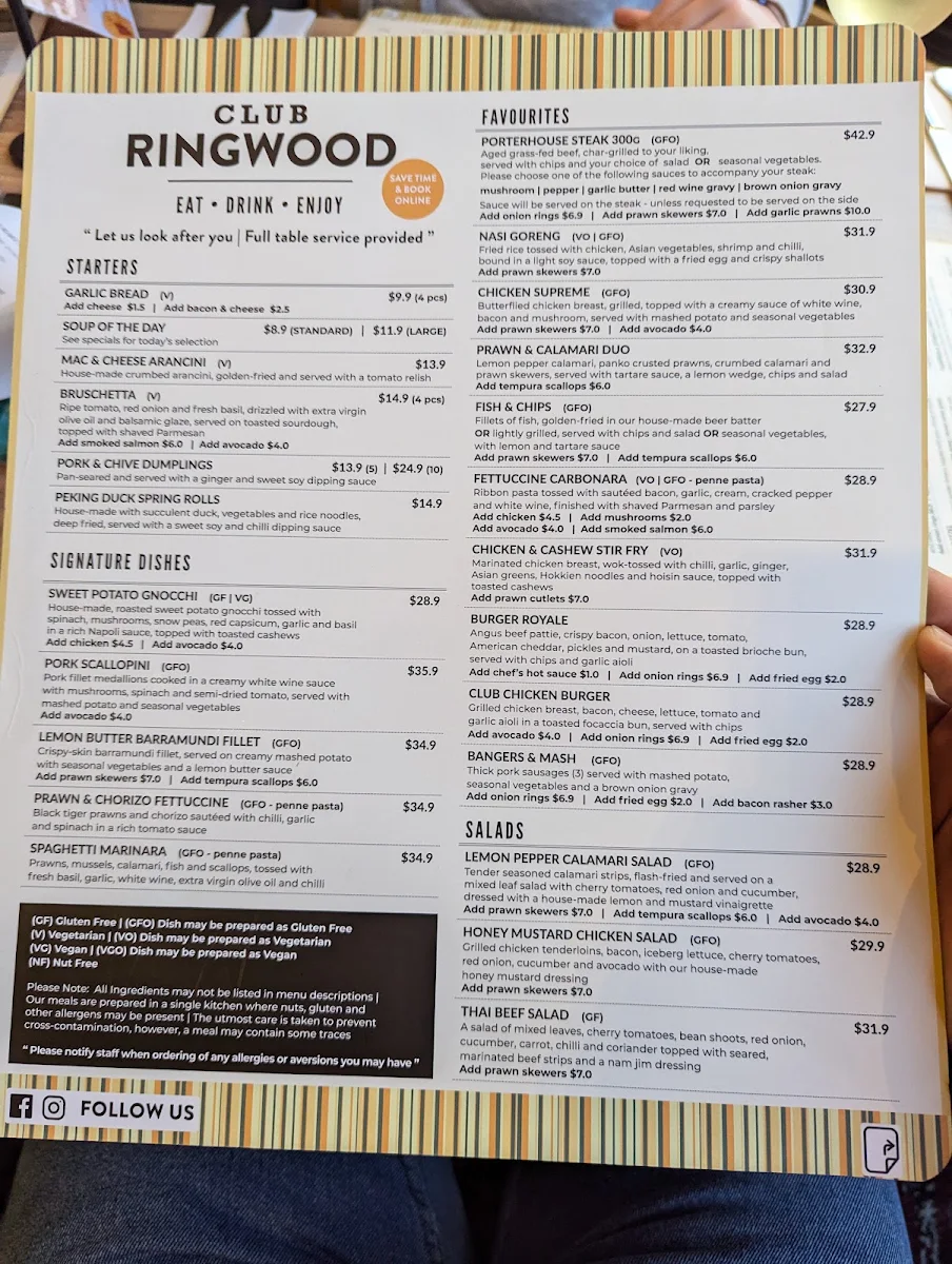 Menu, Club Ringwood