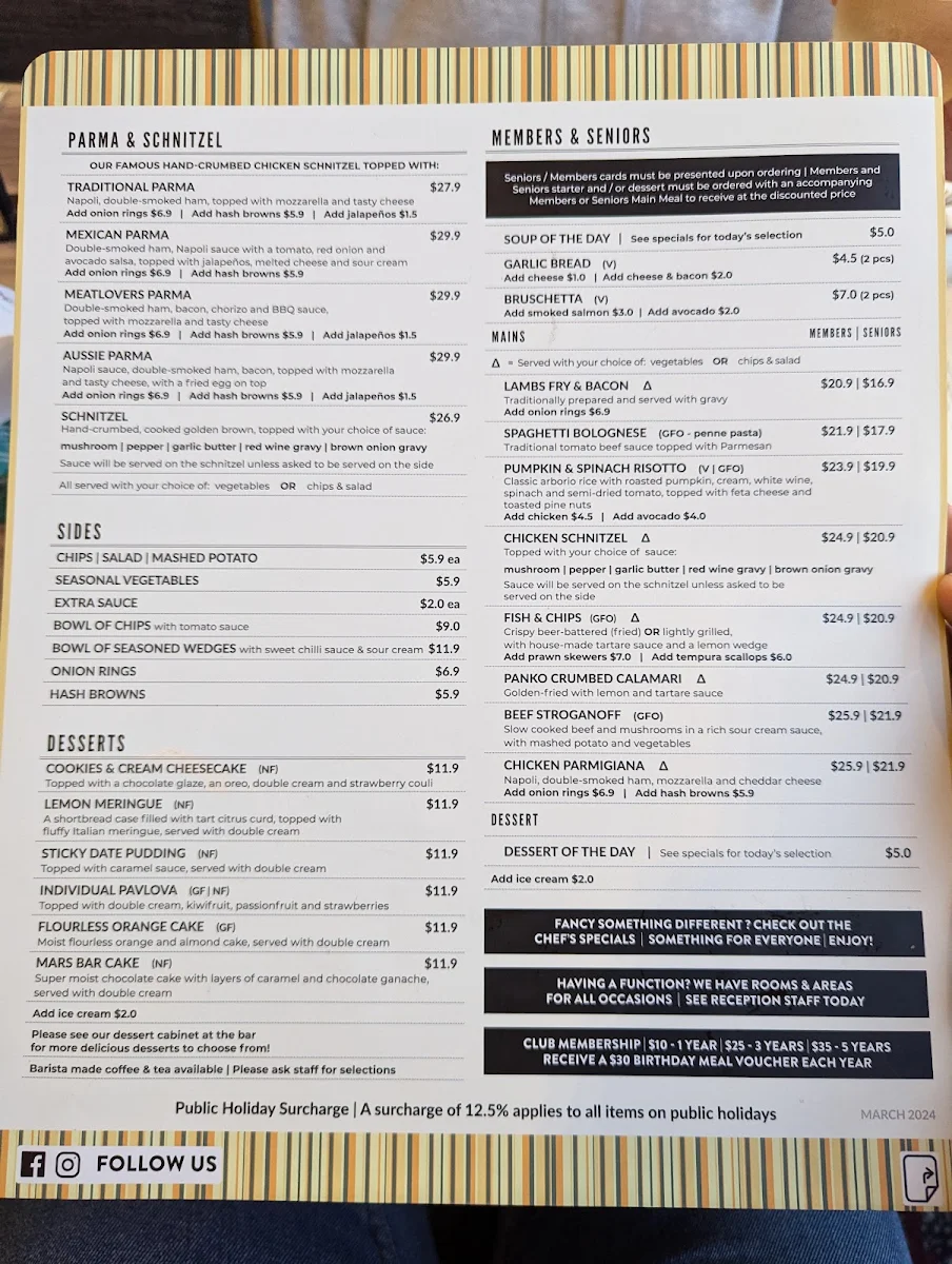 Menu, Club Ringwood