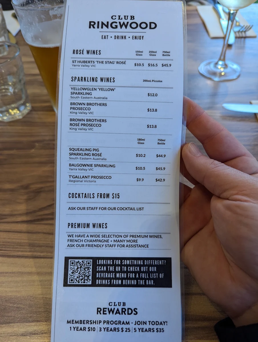 Menu, Club Ringwood