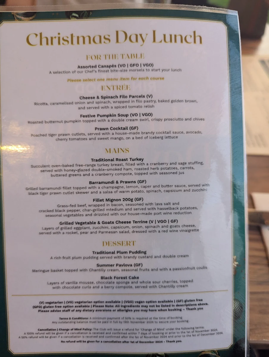 Menu, Club Ringwood