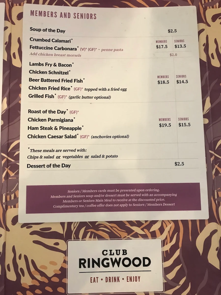 Menu, Club Ringwood