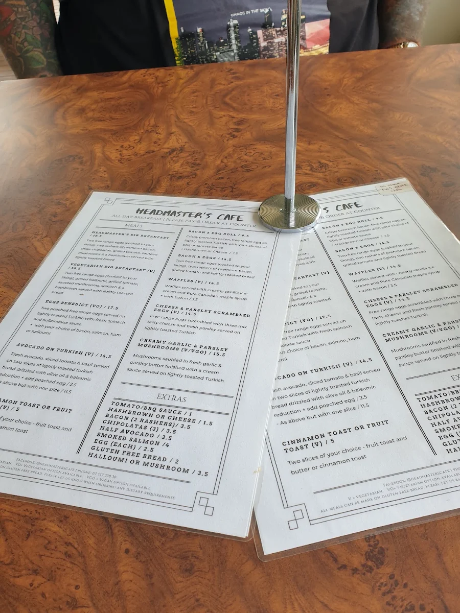 Menu, The Headmasters cafe