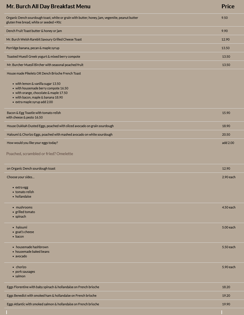 Menu, Mr Burch