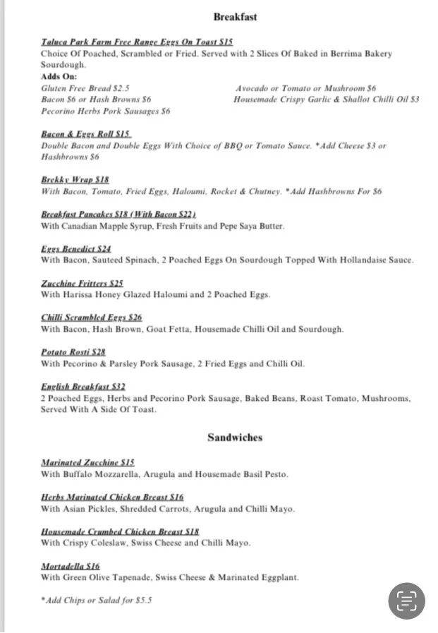 Menu, Berrima General Store & Café