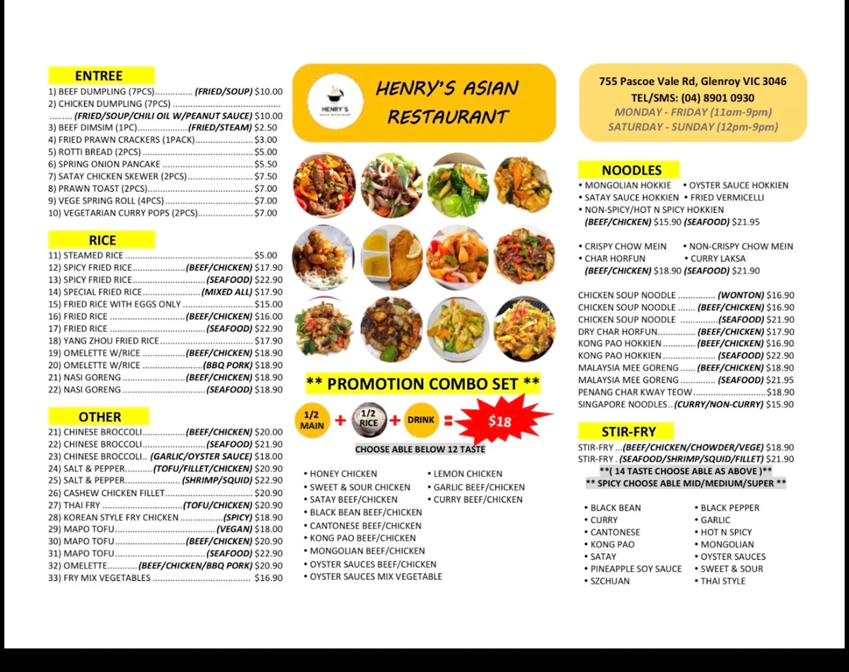 Menu, Henry's Asian Restaurant