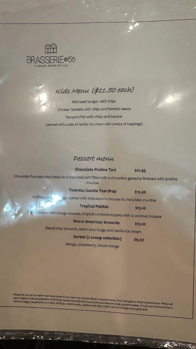 Menu, Brasserie@156