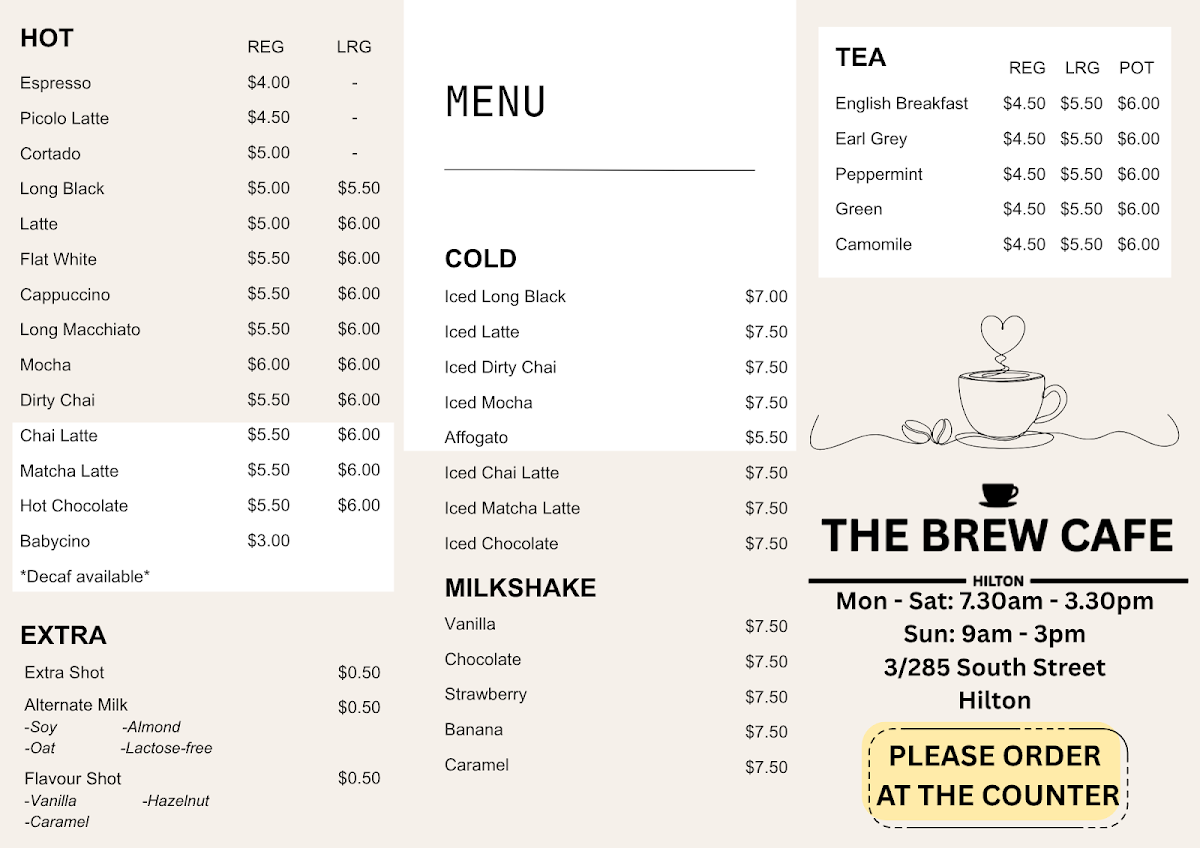Menu, The Brew Cafe Hilton