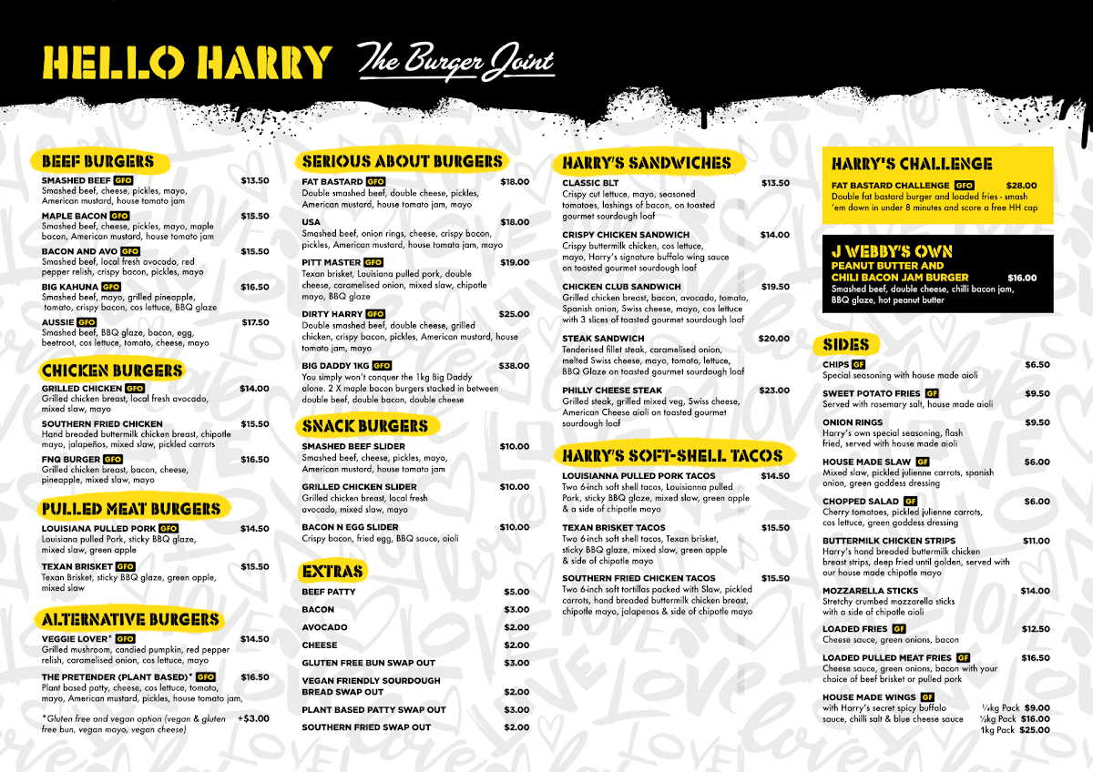 Menu, Hello Harry The Burger Joint (Park Ridge)