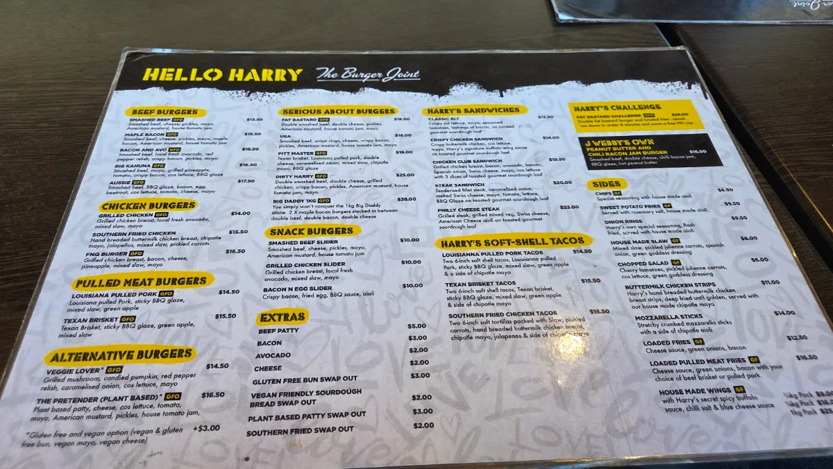 Menu, Hello Harry The Burger Joint (Park Ridge)