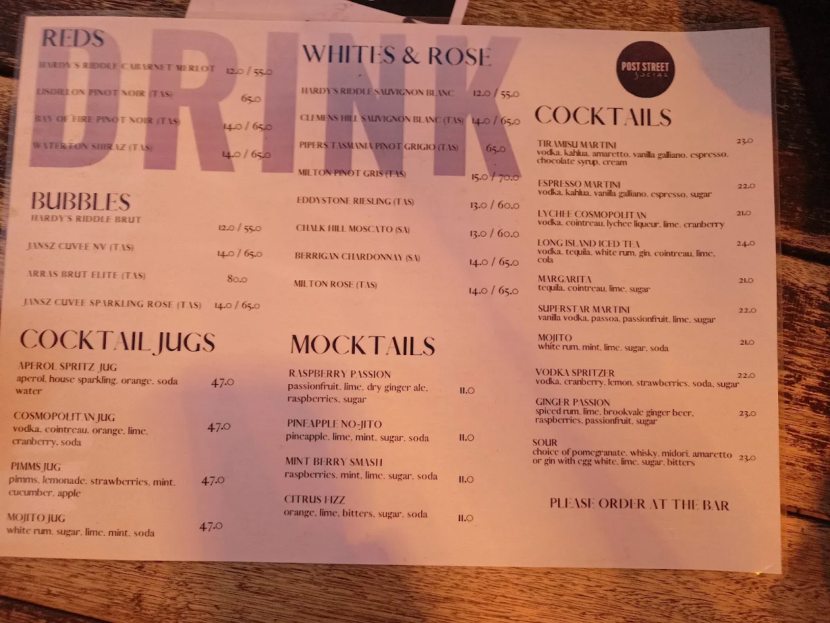 Menu, Post Street Social