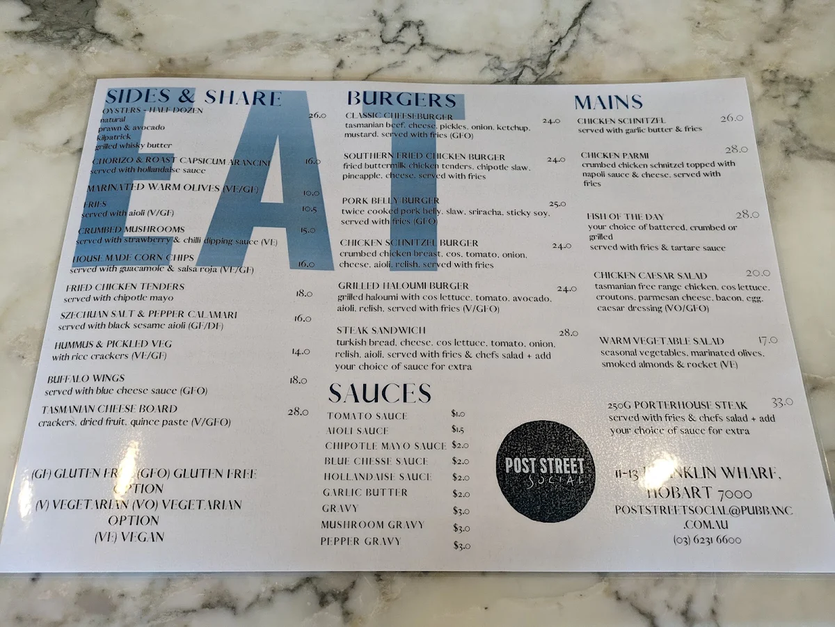 Menu, Post Street Social
