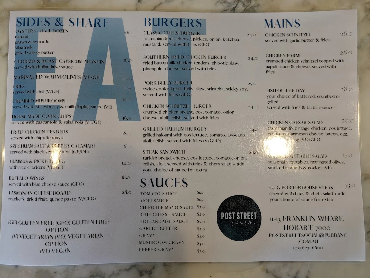 Menu, Post Street Social