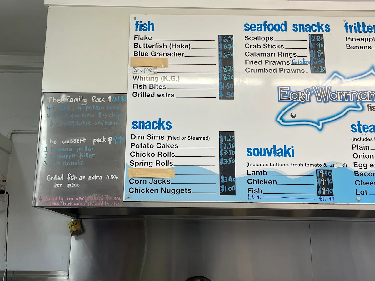 Menu, East Warrnambool Fish & Chips