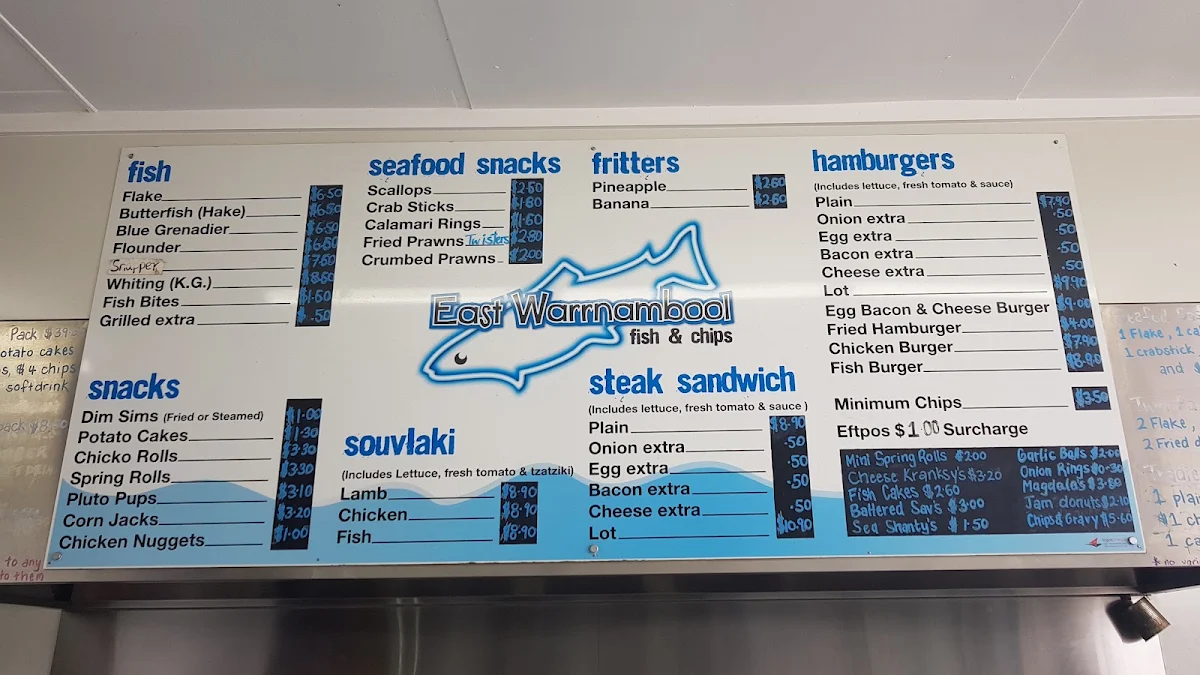 Menu, East Warrnambool Fish & Chips