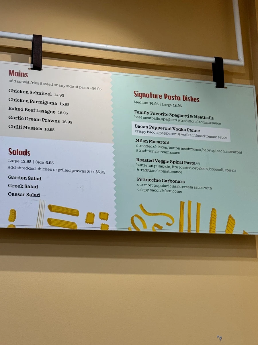 Menu, Pastacup Baldivis